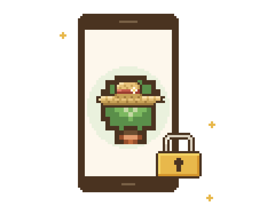 A pixel phone with a potted plant in a straw sun hat on its screen, and a gold padlock beside it.