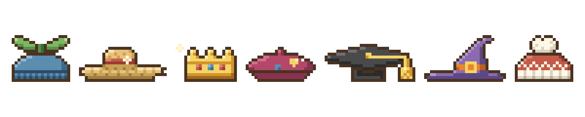 The seven pixel hats you can earn, in a row: Sprout Cap, Straw Sun Hat, Golden Crown, Artist Beret, Scholar Cap, Witch Hat and Winter Beanie.