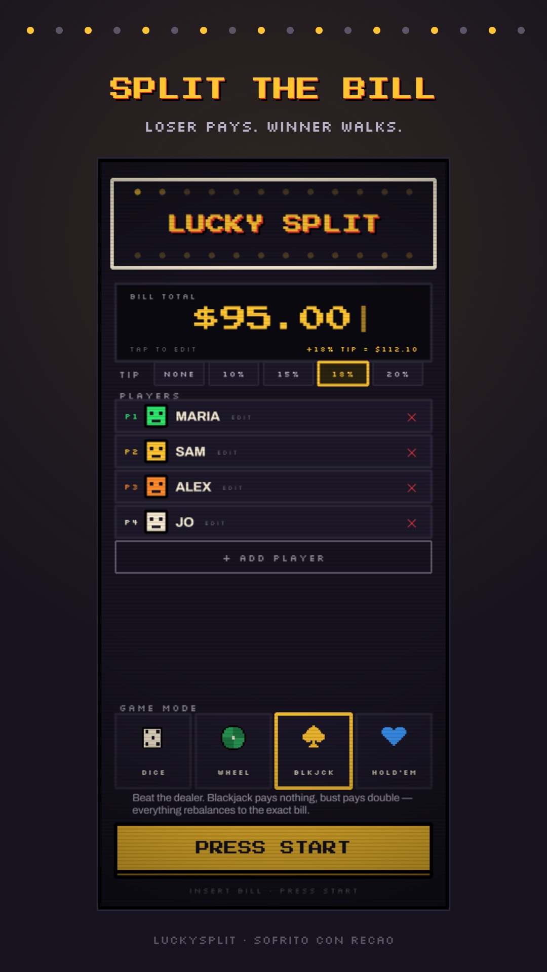 Lucky Split title screen with pixel casino art