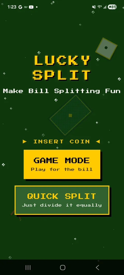 Lucky Split title screen with pixel casino art