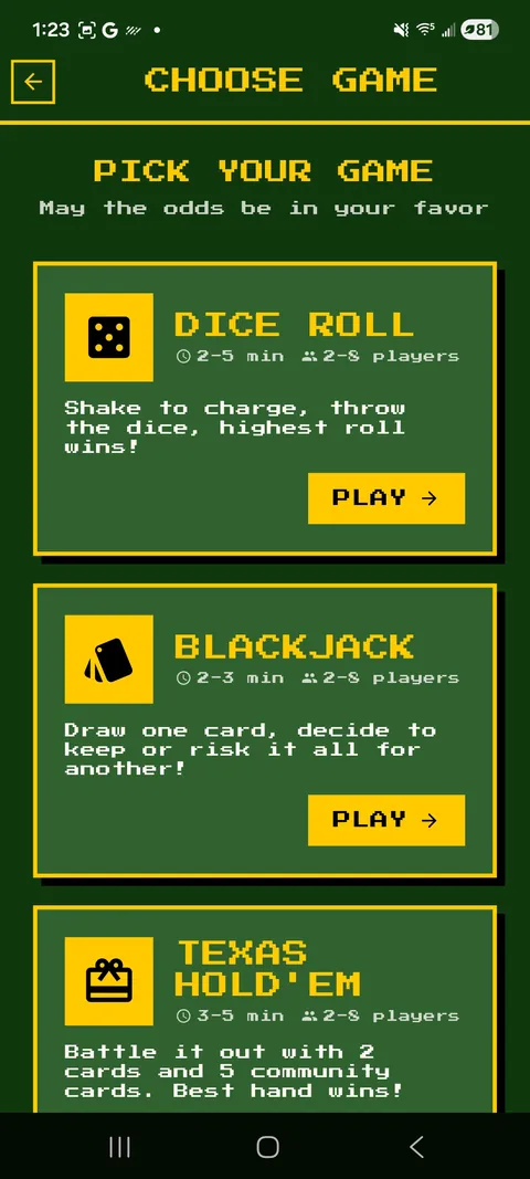 Choosing among the dice, blackjack, poker, and slots mini-games